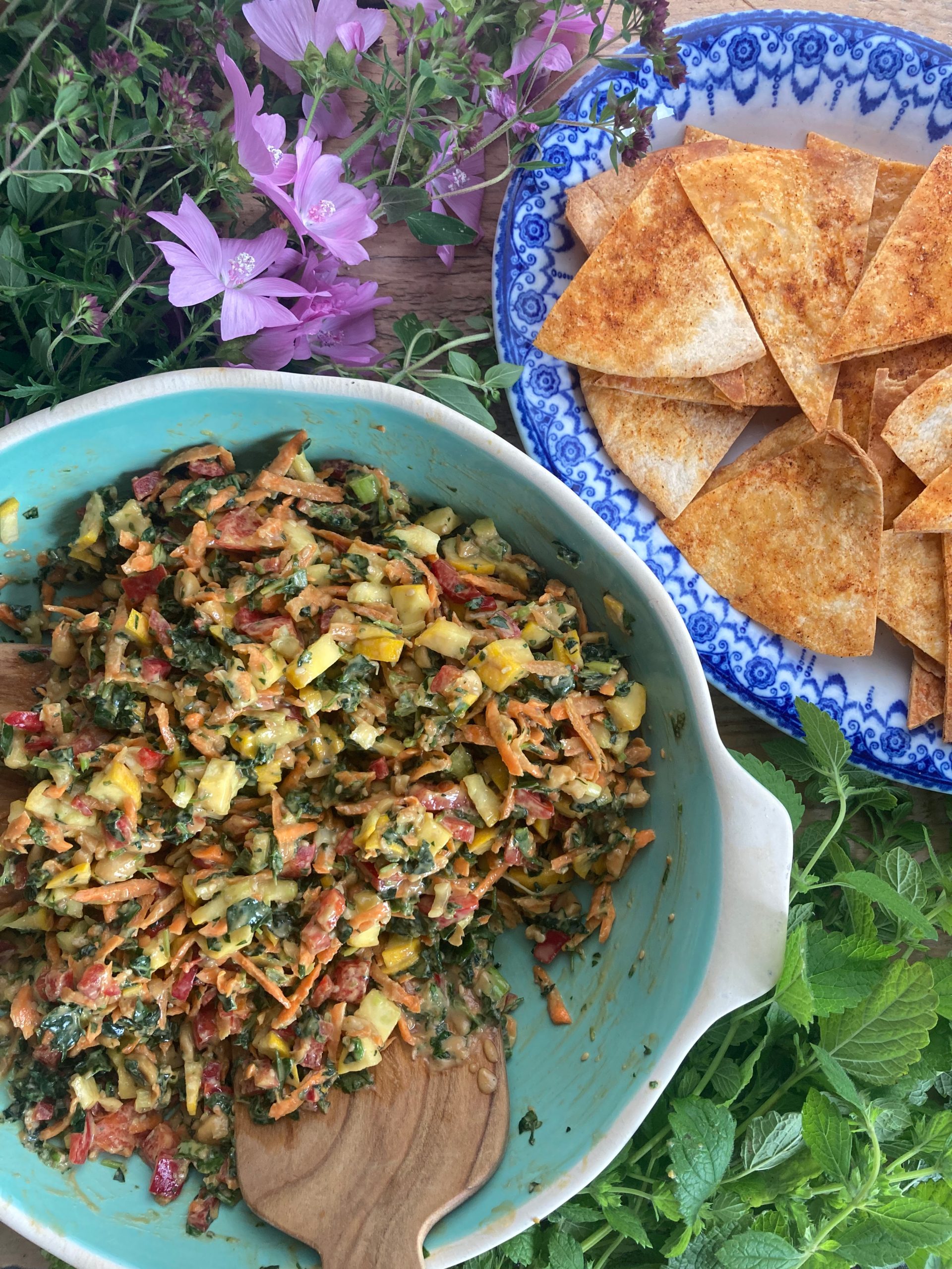Chopped Peanut Salad Dip with Tortilla Chips – Vegan